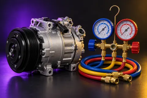 Automotive A/C compressor and manifold gauges — service illustration