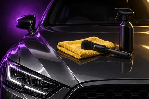 Detailing towel and brush on a glossy car hood — service illustration