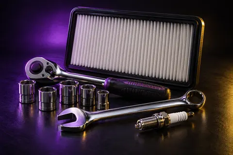 Maintenance tools, filter and spark plug — service illustration